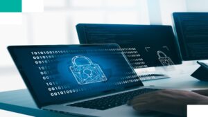 A business professional interacting with a virtual cyber security interface showing a digital lock symbol.