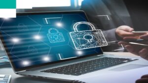 Digital padlock icon over laptop background.