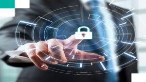 Business professional touching a digital lock icon on a virtual interface, representing cyber security services
