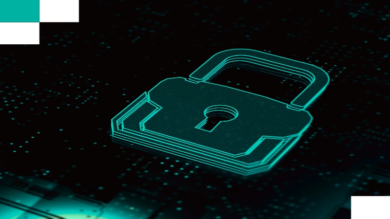 digital padlock icon glowing on a dark circuit board background